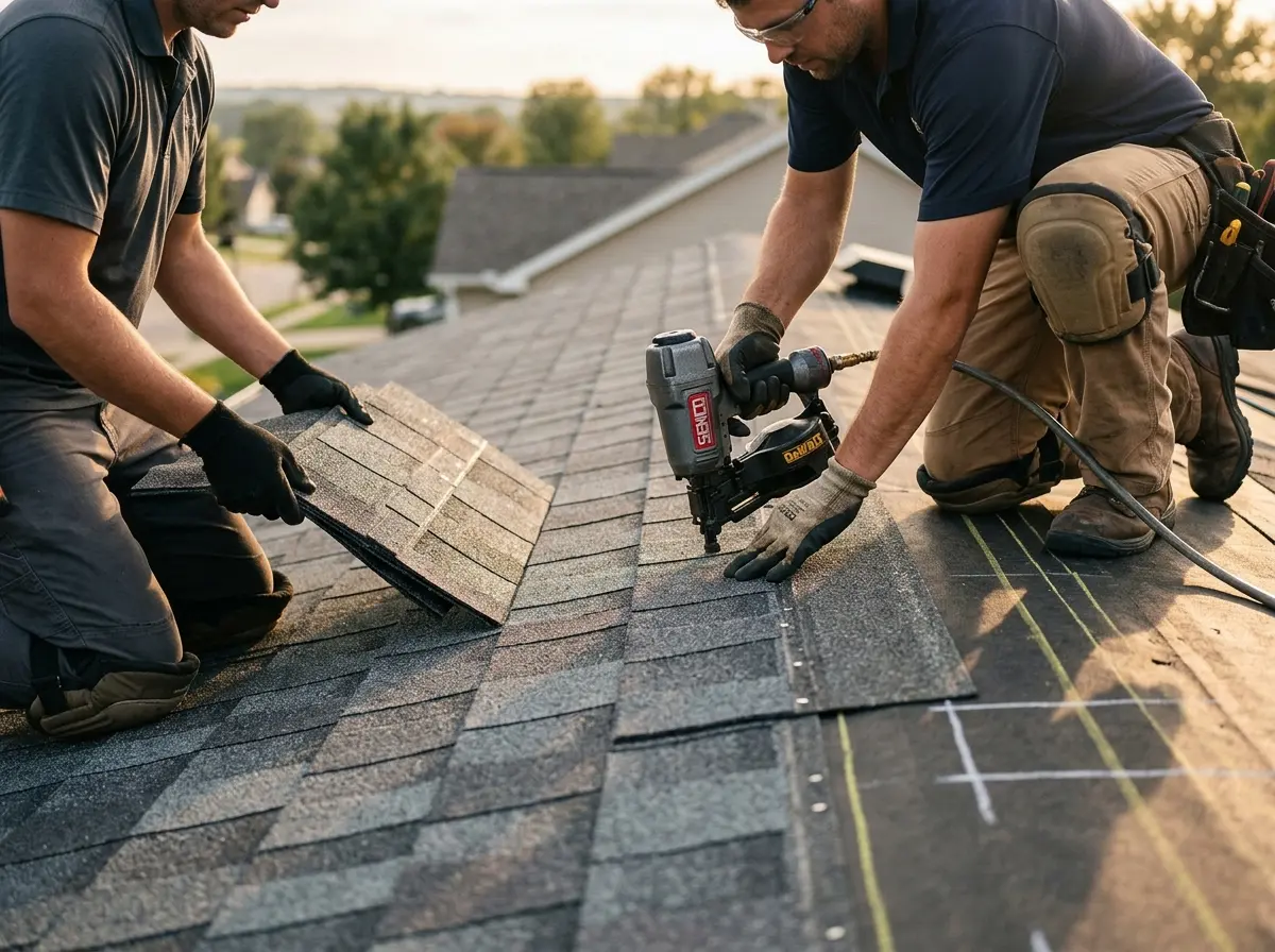 Professional roofer working on a residential roof in Doolittle